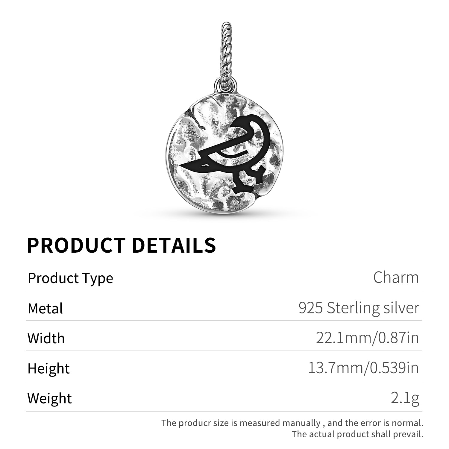 Symbole animal RAVEN 925 Argent Sterling Textured Dangle Charm pour bracelets de charme