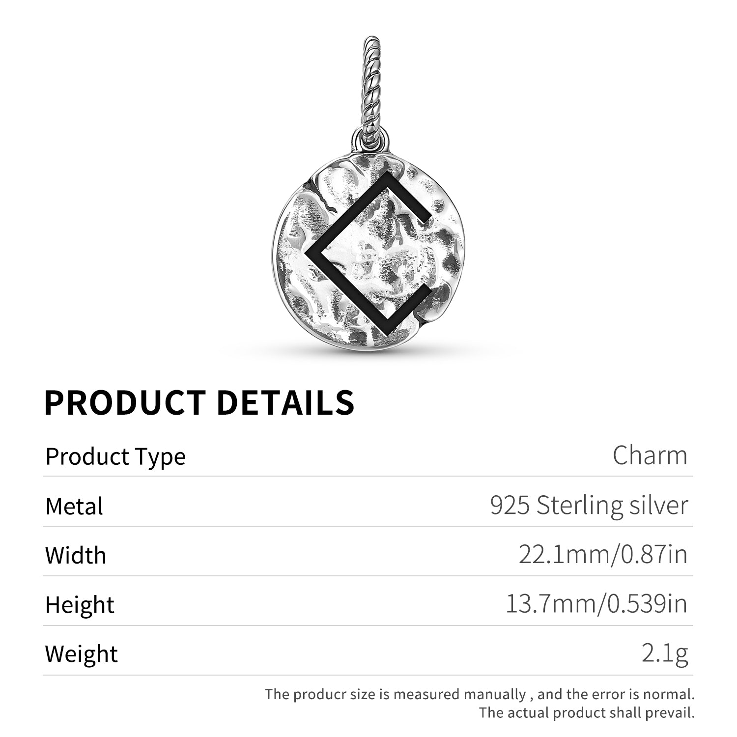 Letton M.Symbol 925 Argent Sterling Textured Dangle Charm pour bracelets de charme