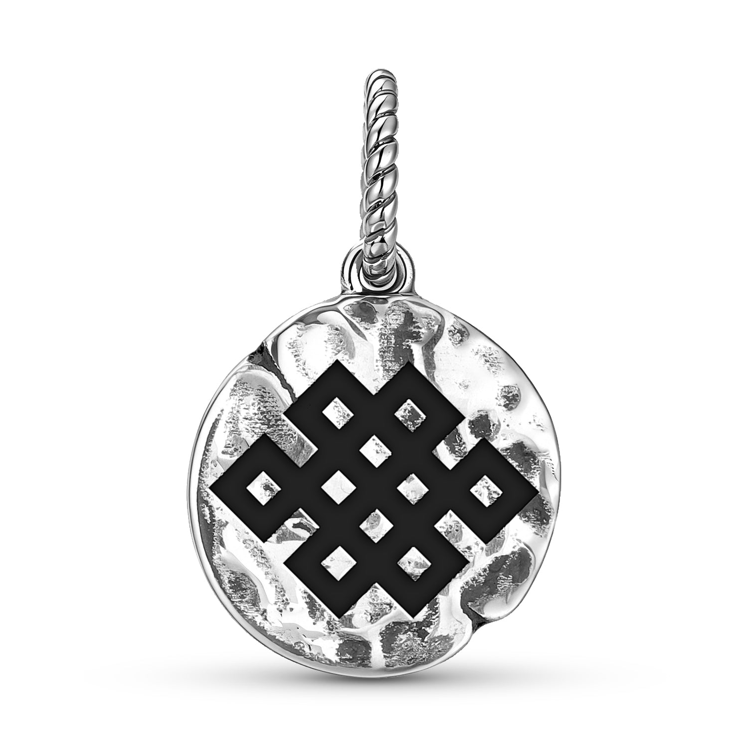 Ashtamangala Shrivatsa Endless Knot Symbol 925 Argent Sterling Texturé main Dangle Charm