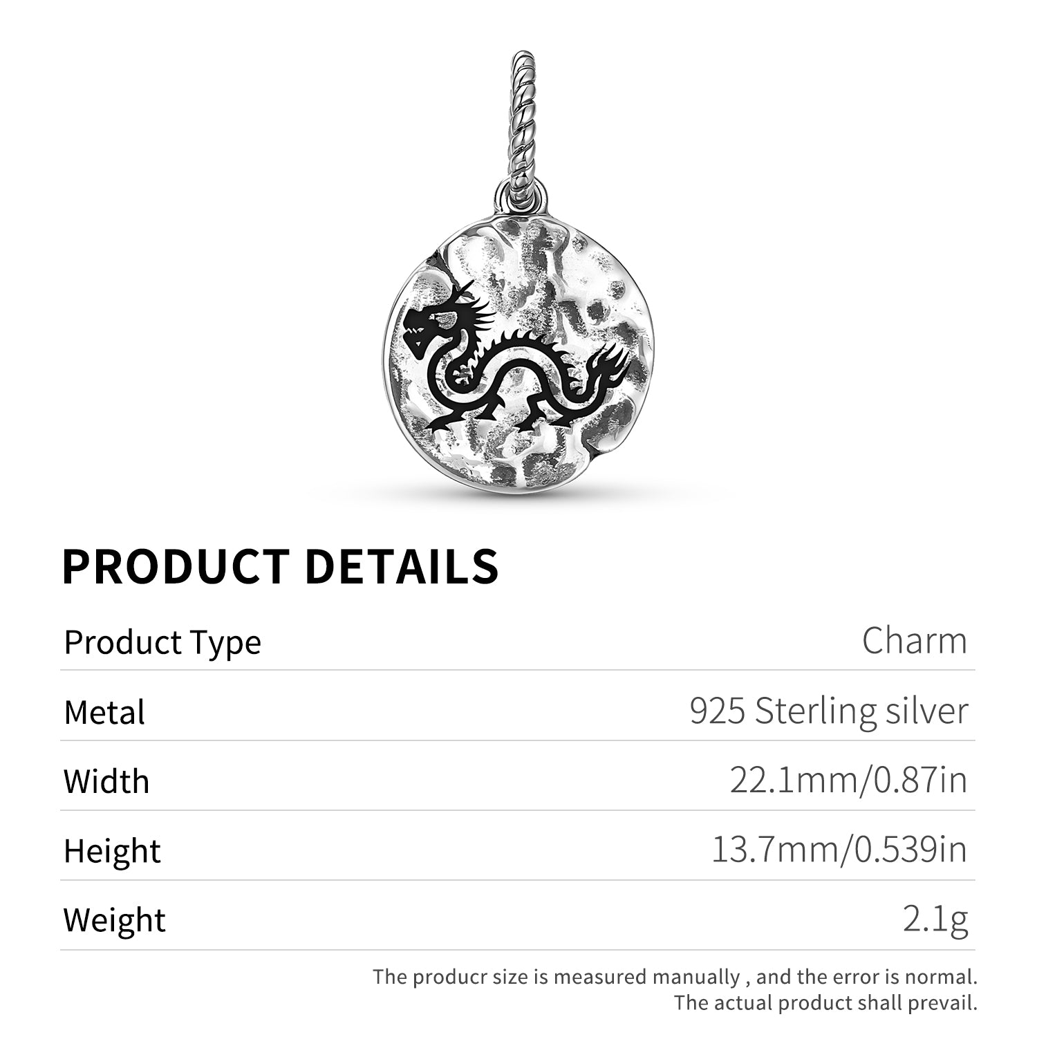 Chinese Qiulong Dragon Symbol 925 Argent Sterling Textured Dangle Charm Pour Charm Bra
