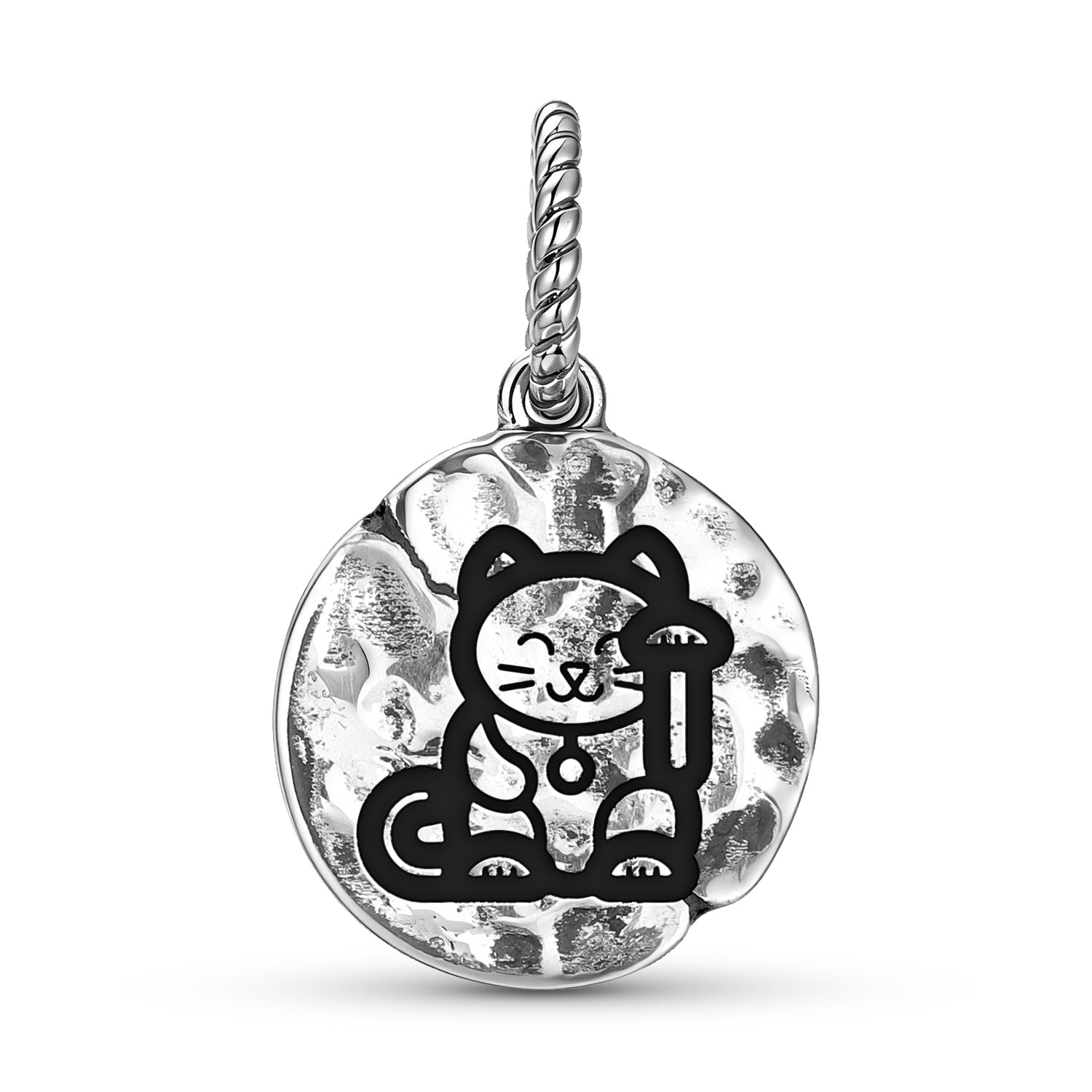 Chinese Lucky Cat Symbol 925 Argent Sterling Textured Dangle Charm pour bracelet de charme