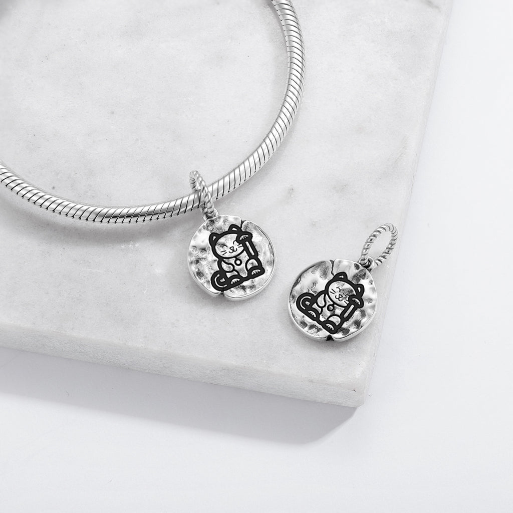 Chinese Lucky Cat Symbol 925 Argent Sterling Textured Dangle Charm pour bracelet de charme