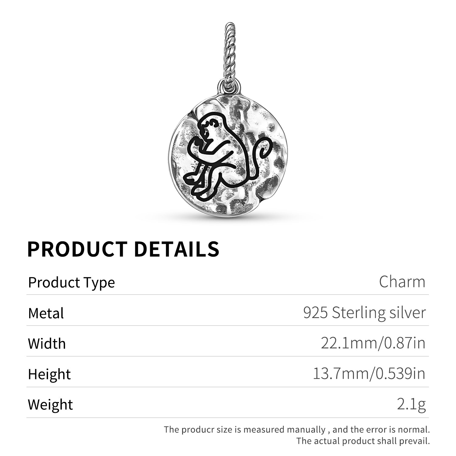 Jainism Monkey Ape Symbol 925 Argent Sterling Textured Dangle Charm pour Charm Bracele