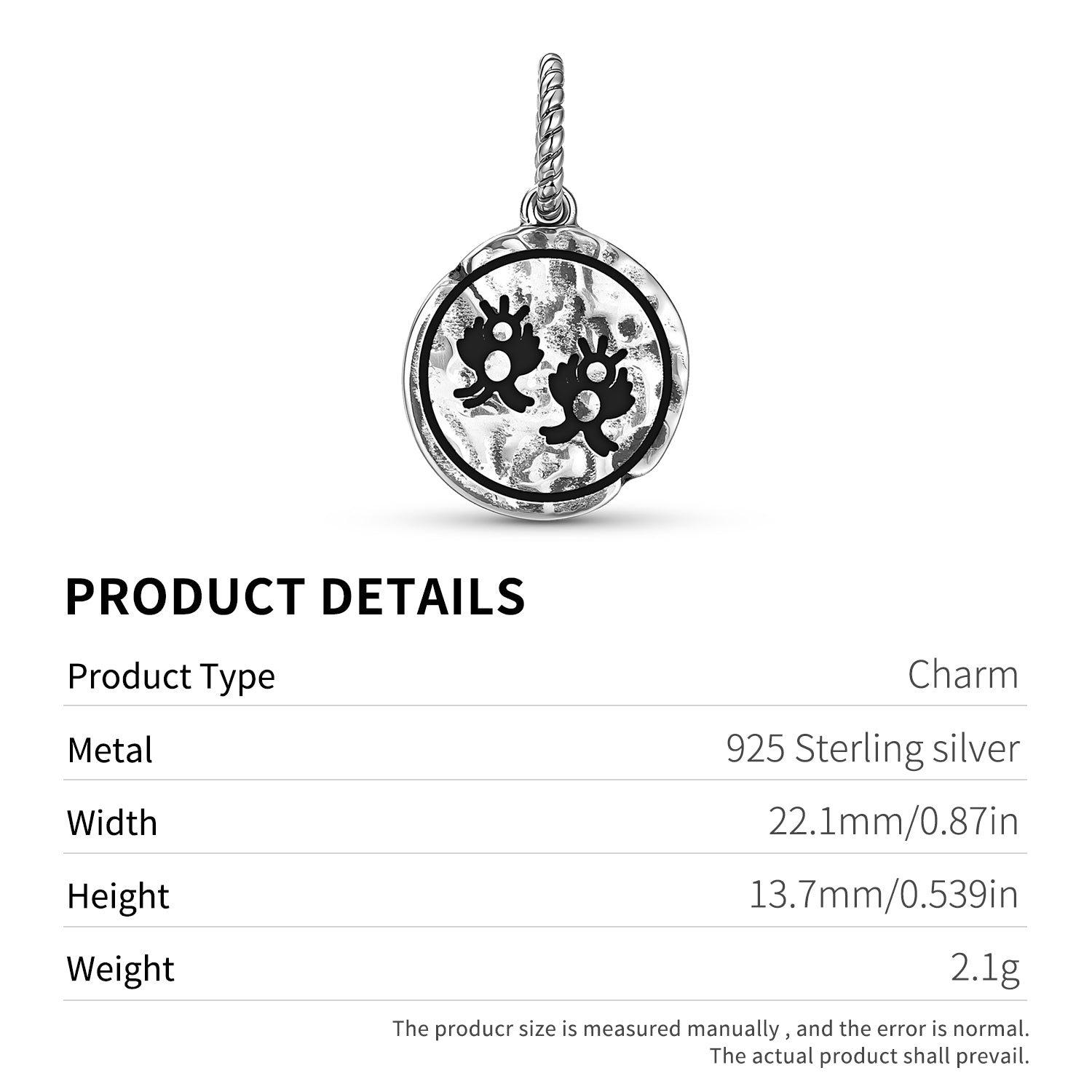 Anthroposophie Gémeaux Sceau Symbole 925 Argent Sterling Texture main Dangle Charm Pour Charm