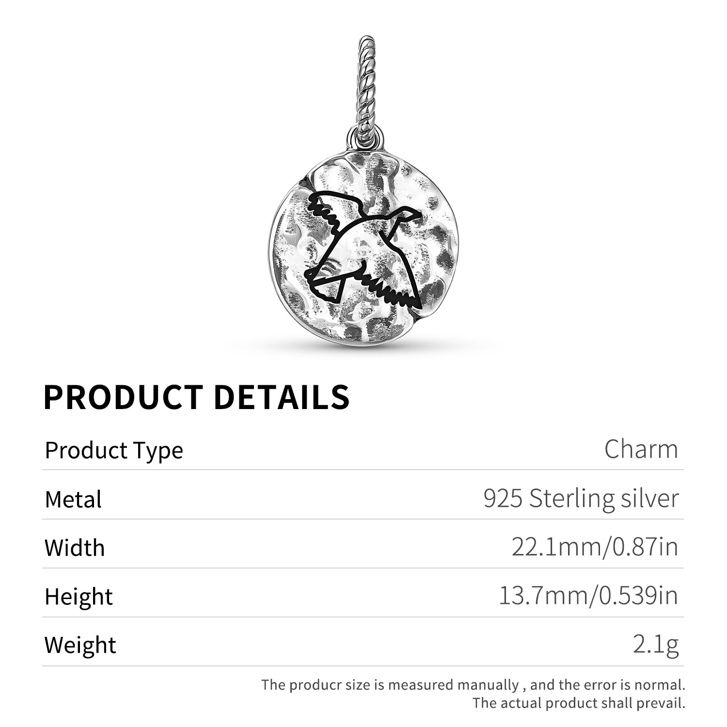 Aqiggiq Rock Ptarmigan Symbole 925 Argent Sterling Textured Dangle Charm pour Charm Bra
