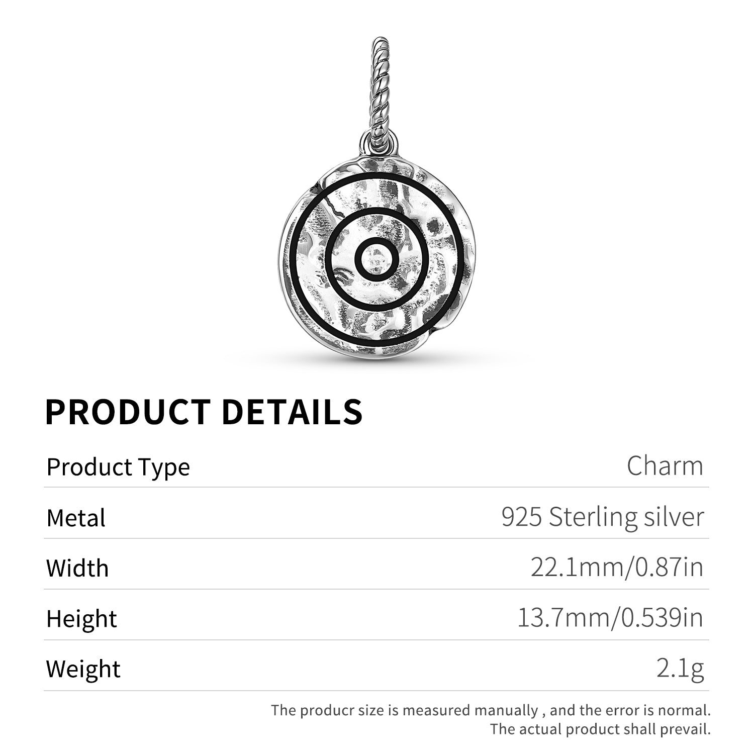 Persan Asha Symbol 925 Argent Sterling Textured Dangle Charm pour bracelets de charme