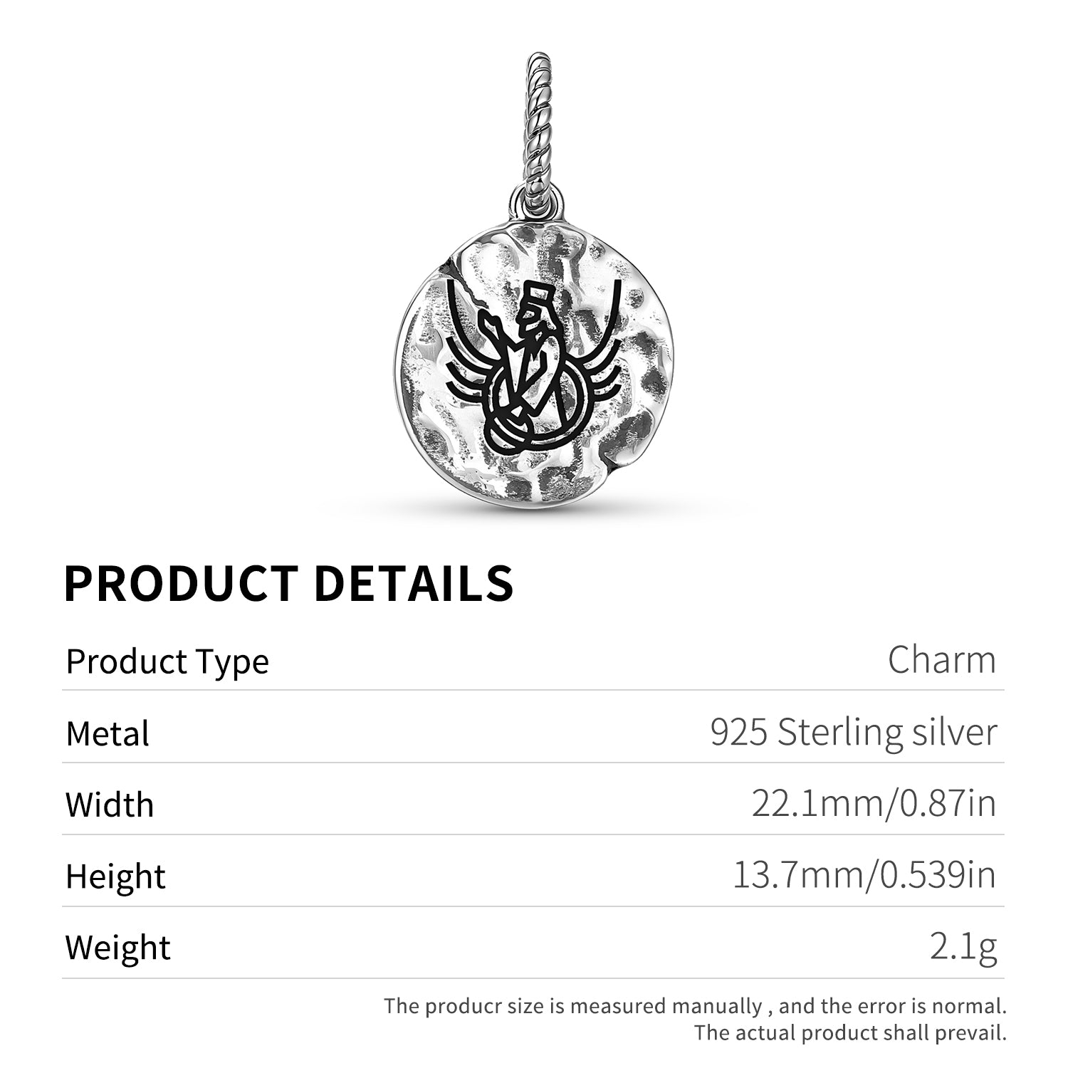 Persan Ahura Mazda Symbole 925 Argent Sterling Textured Dangle Charm pour Charm Bracel