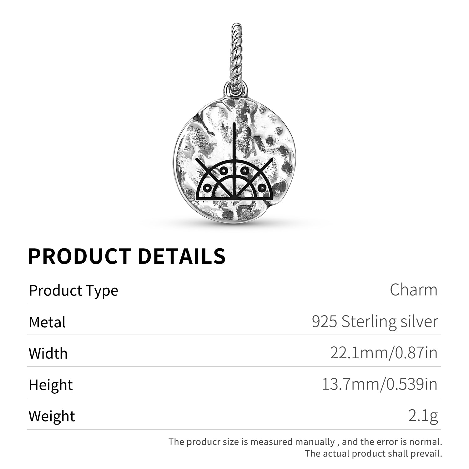 Sami Kuu Symbole de la Lune 925 Argent Sterling Textured Dangle Charm pour bracelet de charme