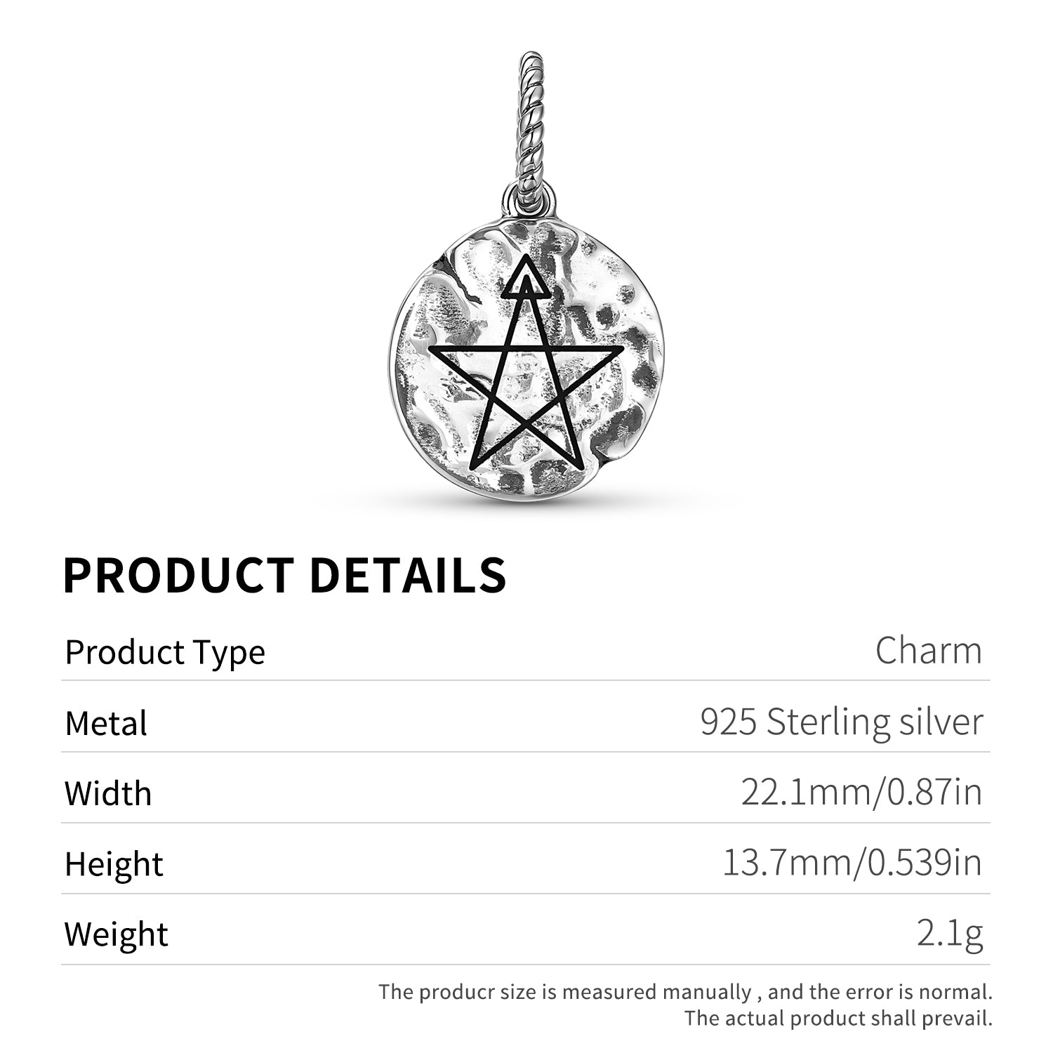 3ème degré Wiccan Symbole 925 argent sterling main texturé Dangle Charm pour bracelet de charme