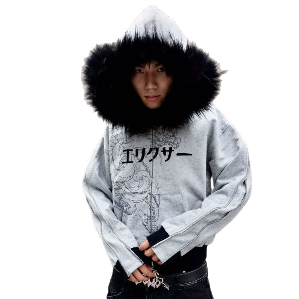 Sweatshirt imprimé à capuche à capuchon en collier de fourrure pour homme