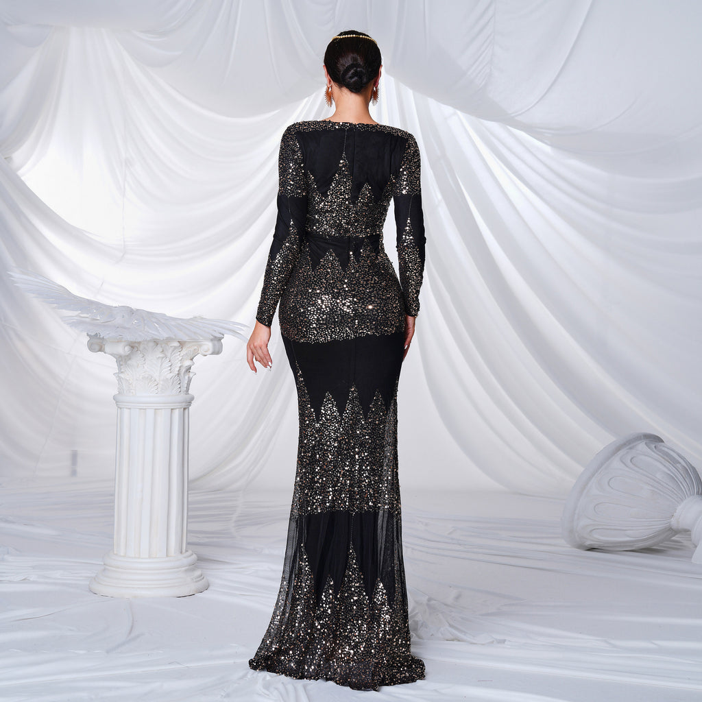 Manches longues col V Sexy Slim-fit Long Sequined Banquet Robe de soirée