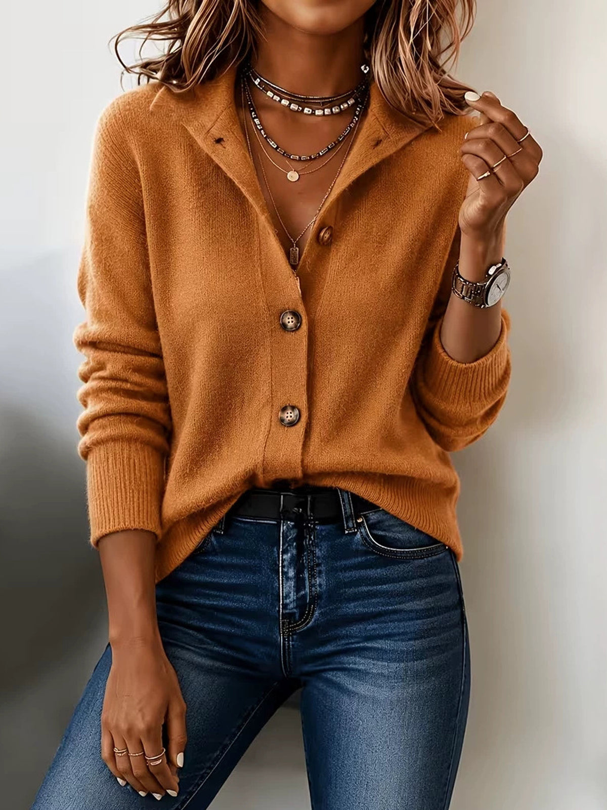 Style Retro pour femme Solid Color Stand Collar Cardigan
