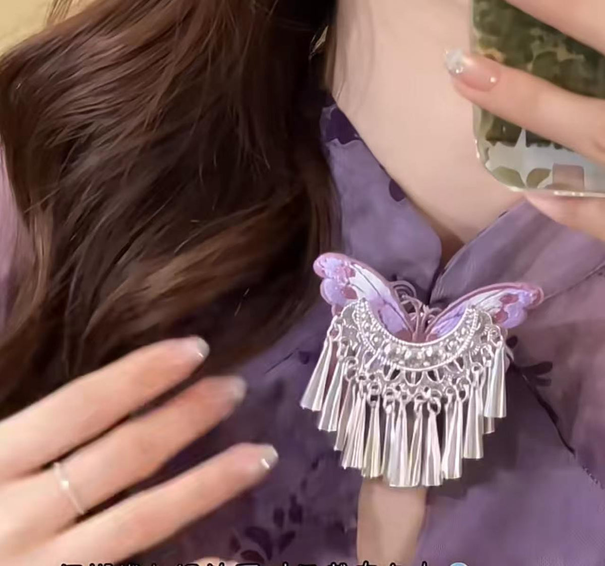Vintage bleu papillon-brodé argent-bell coupe cheveux