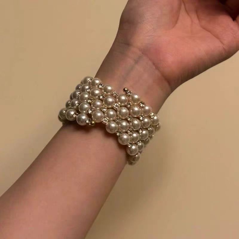 European And American Retro Imitation Pearl Flash Diamond Wide Version Bracelet Niche Acce