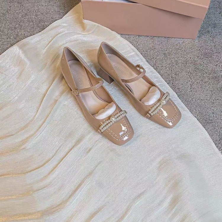 Femmes Elégante française Mary Jane Pompes Été Automne Nue Pearl Bow Basse Coupe Douce Talons hauts