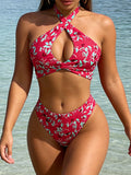 Ensemble de bikini Halter à imprimé floral de feuille rouge pour femmes