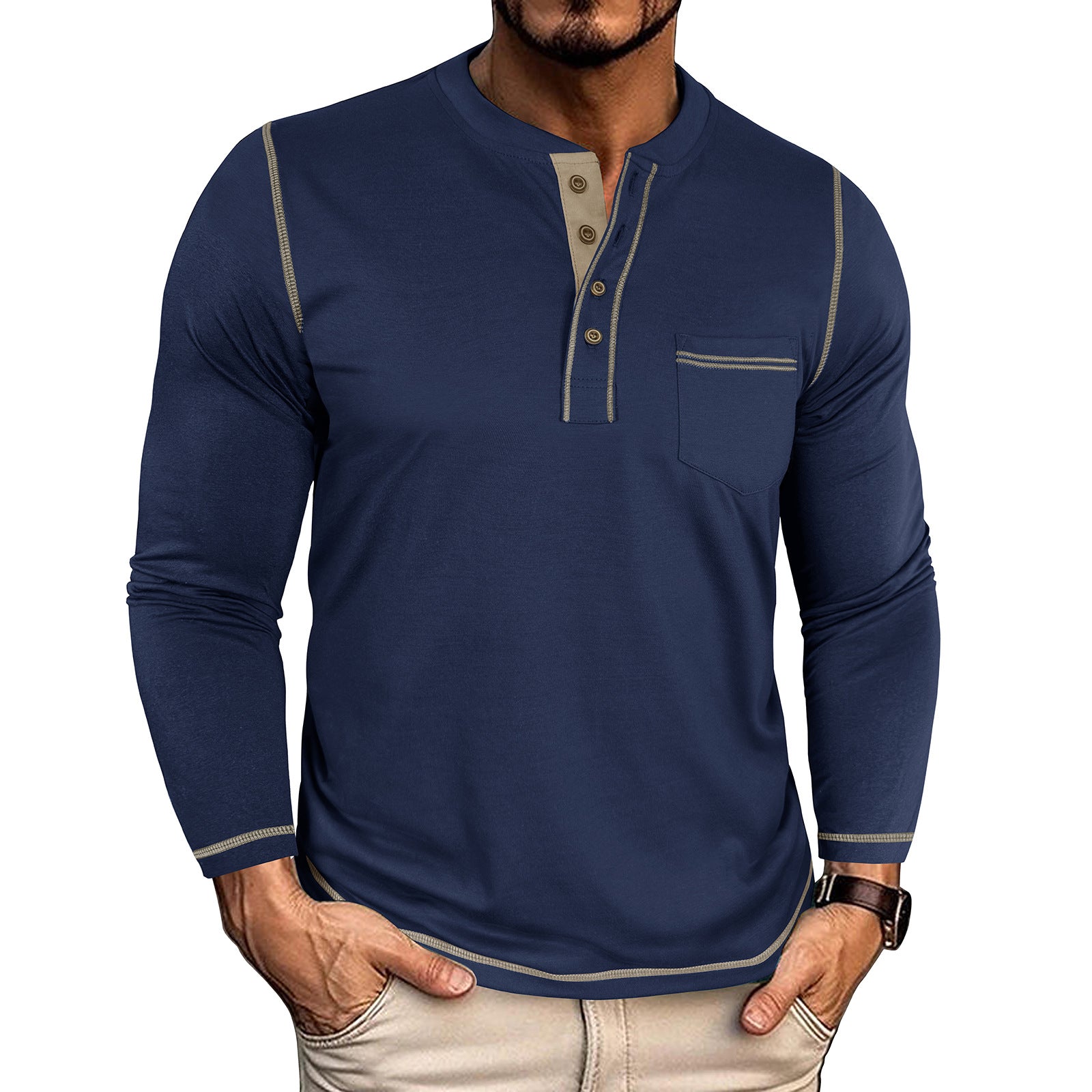 T-shirt homme col rond avec une poche Henley et manches longues