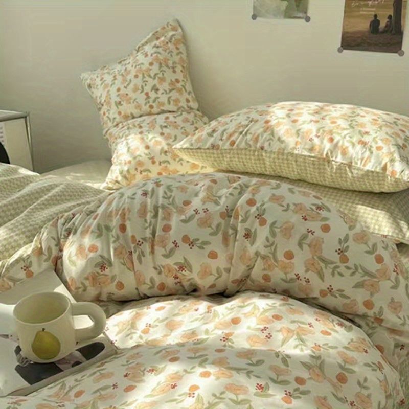 Draps de lit et couverture de couette en coton lavé doux Ensemble de quatre pièces