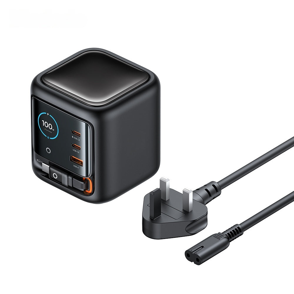 100W GaN Multi-Port Charger with Built-in Retractable Type-C Cable - AI Smart Display UK E