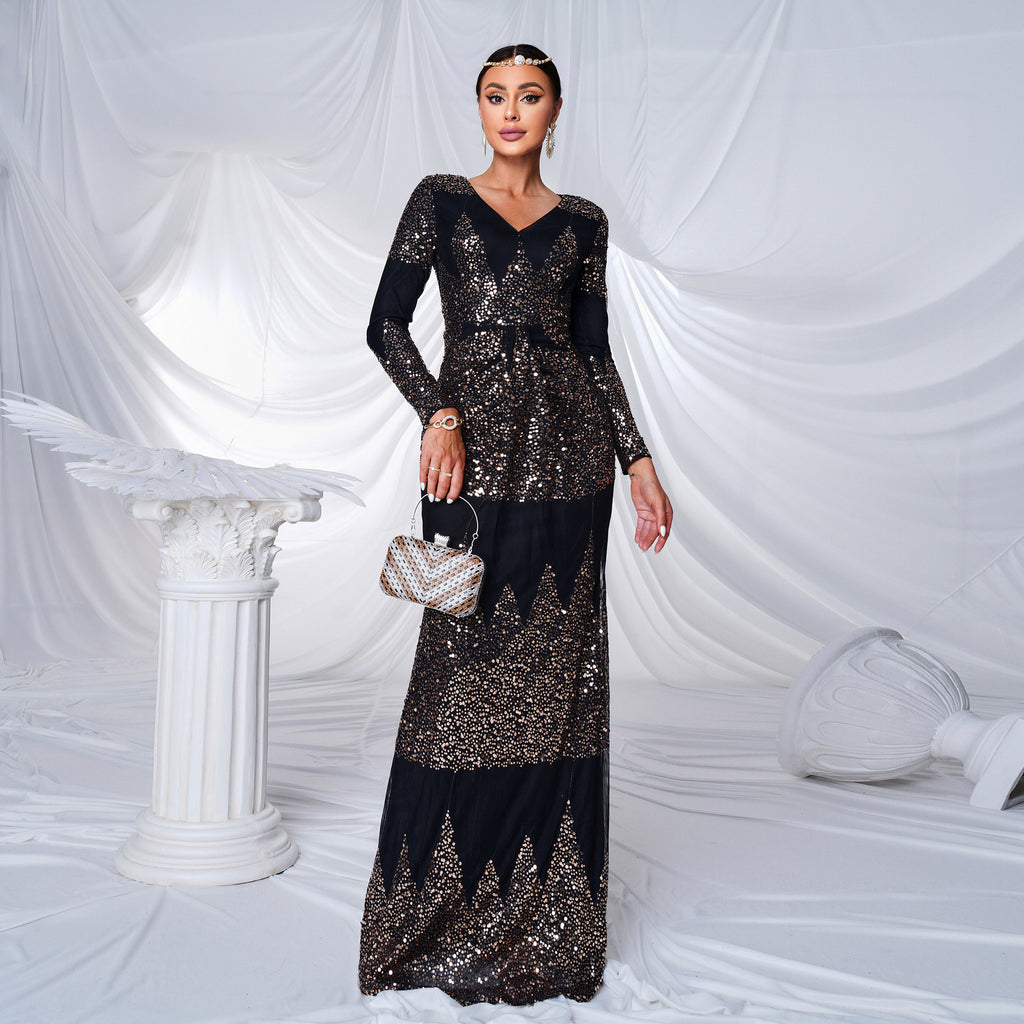 Manches longues col V Sexy Slim-fit Long Sequined Banquet Robe de soirée