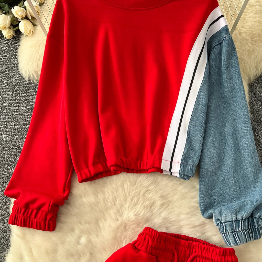 Color-block Hoodie High-Wisted Denim Patchwork Pantalons à large jambe Ensemble de deux pièces