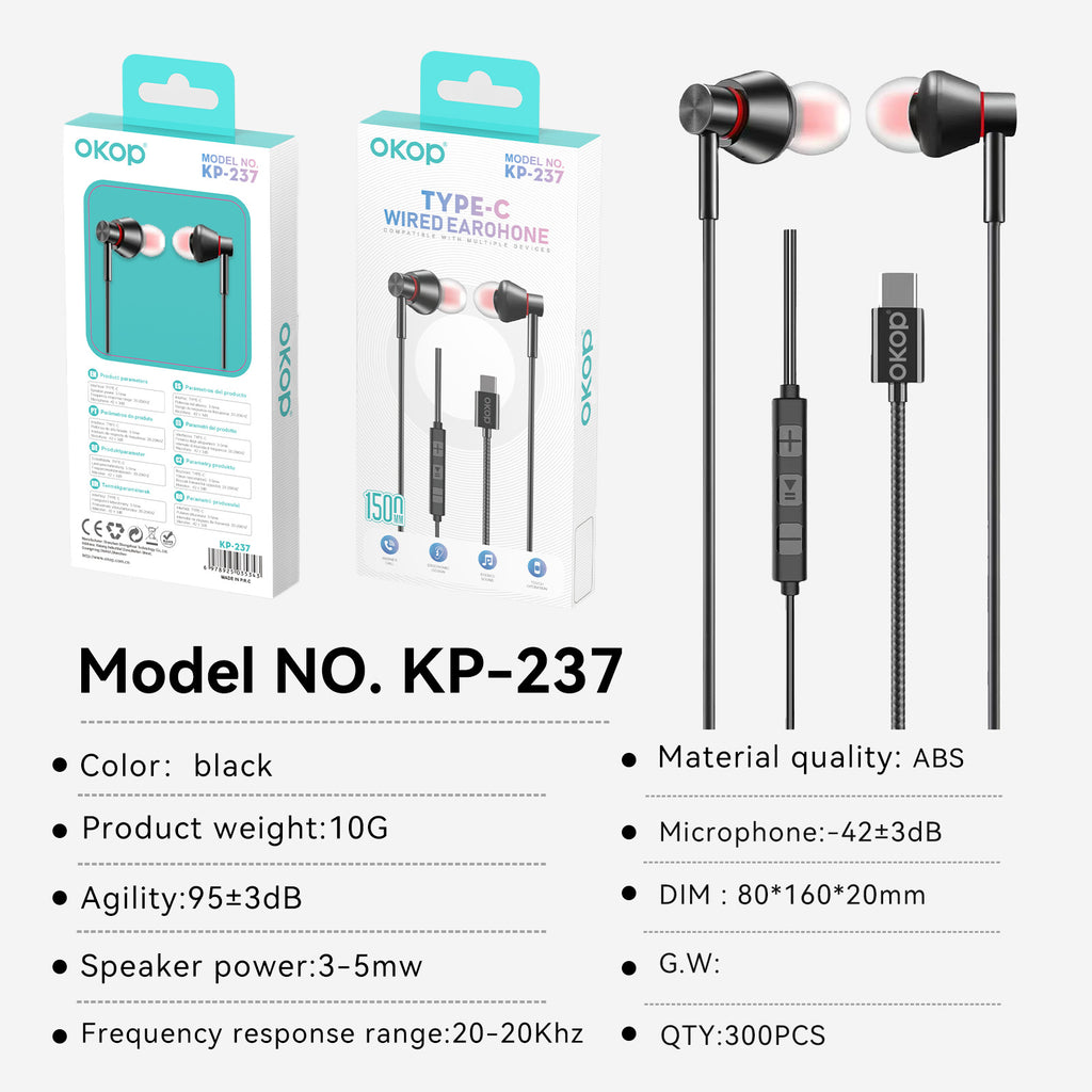 KP-237 Casques dans l'oreille filaires les plus vendus avec commandes en ligne USB-C haute qualité audio