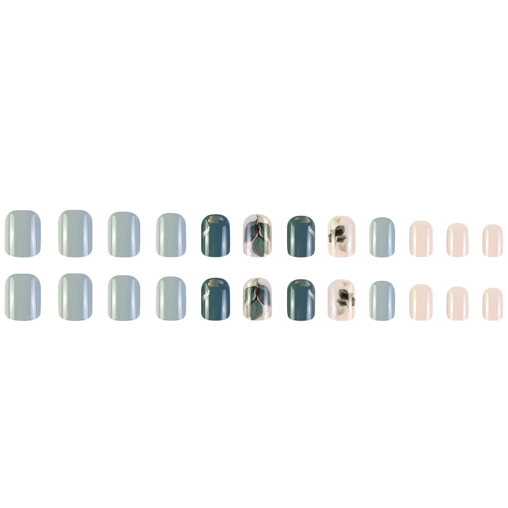 Sets d'ongles de conception de feuille verte minimaliste carré 24 pièces pour la fête et la danse