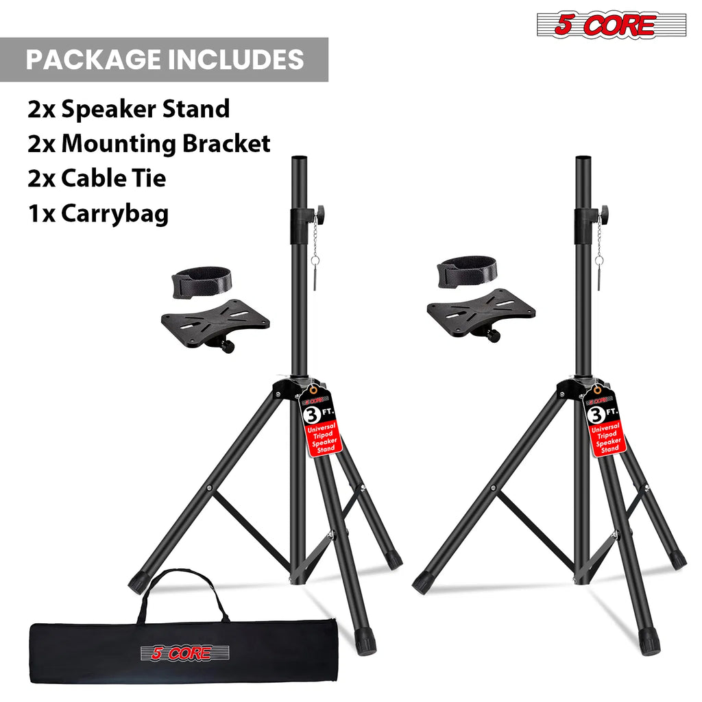 5 Core Speaker Stand Pair Hauteur réglable 3Ft PA DJ Tripod Studio Monitor Stands Heavy D