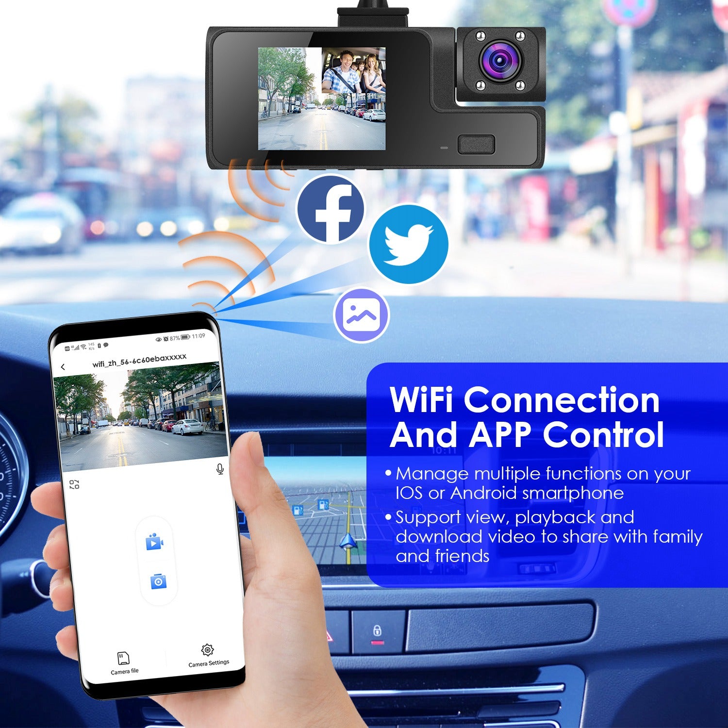 1Pc WiFi FHD 1080P voiture Dash Cam 3 canaux arrière avant caméra de Dash intérieur avec boucle Recordi
