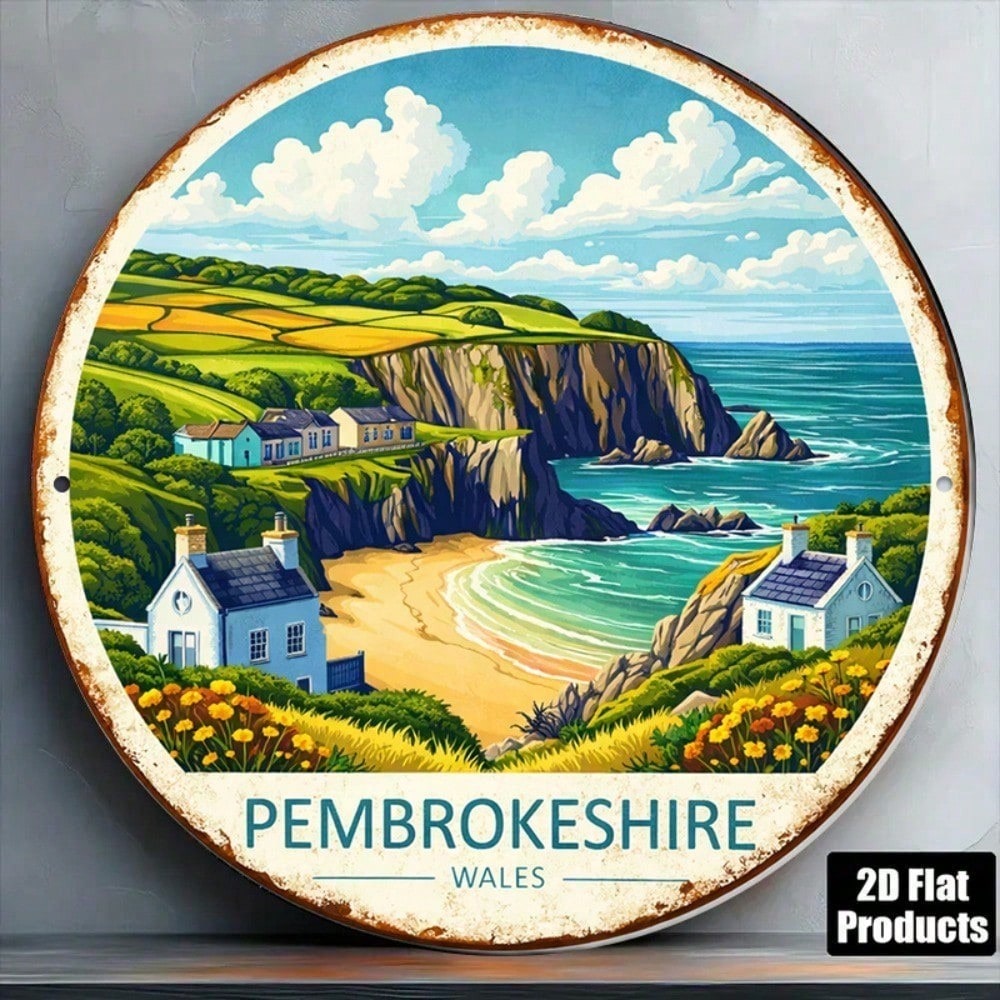 Pembrokeshire Wales Vintage Cottage Landmark Panneau mural rond
