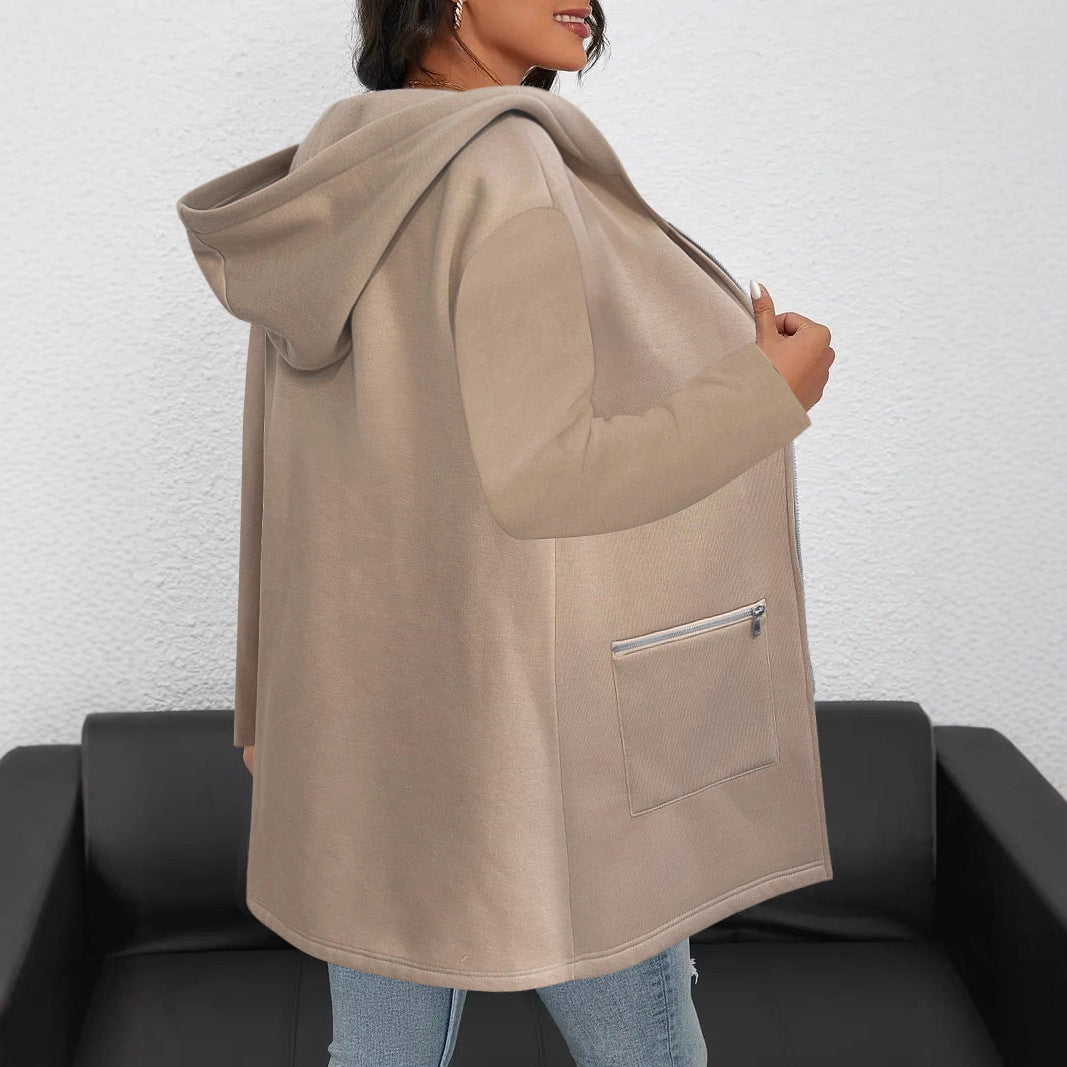 Femmes Long à capuche Cardigan ouvert devant Long Sleeve Casual Jacket Zip Pocket Loose Mid Lengt