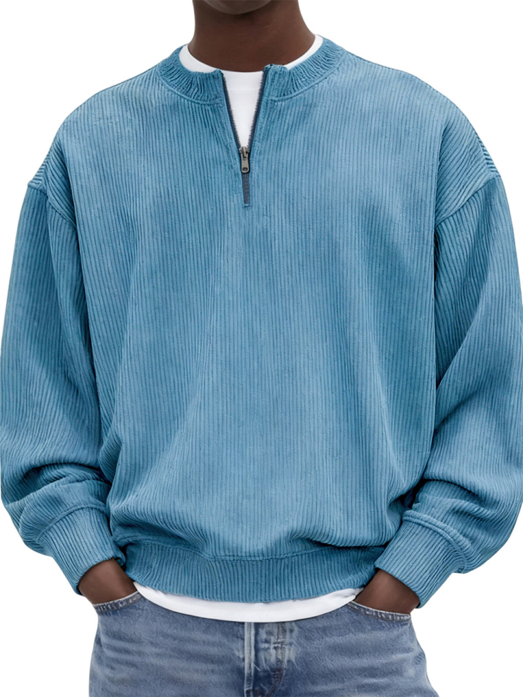 Casual hommes manches longues Corduroy Top avec un collier debout et une demi-zip