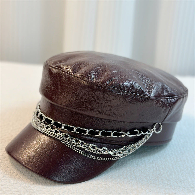 Chaîne en cuir PU pour femmes Décorée de style tendance Chapeau Newboy