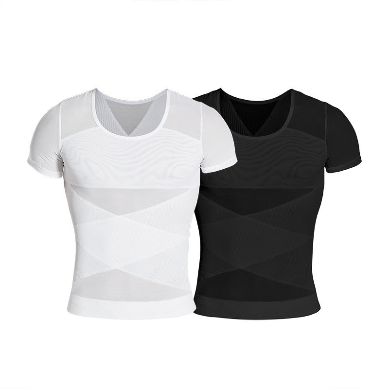 Amazon European and American Men's Shaper Cross Abdominal Shaped Invisible Tunic Short Sle