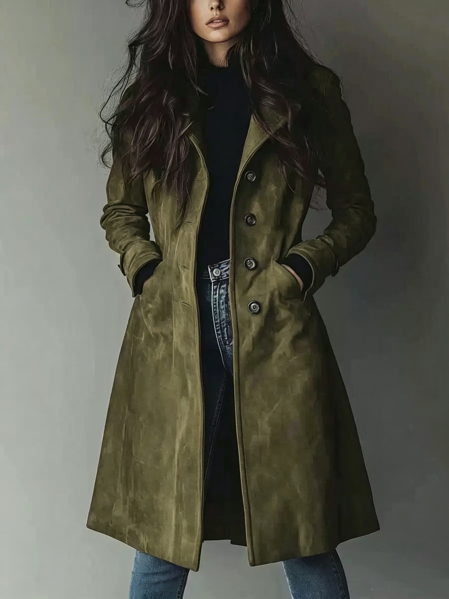 European American Style Women's Fall Winter Lapel Suede Mid-Length Trench Coat