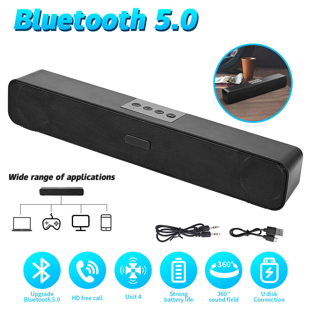 Bluetooth Sound Bar TV sans fil Soundbar 3D Home Theater Subwoofer 2 SpeakersUK