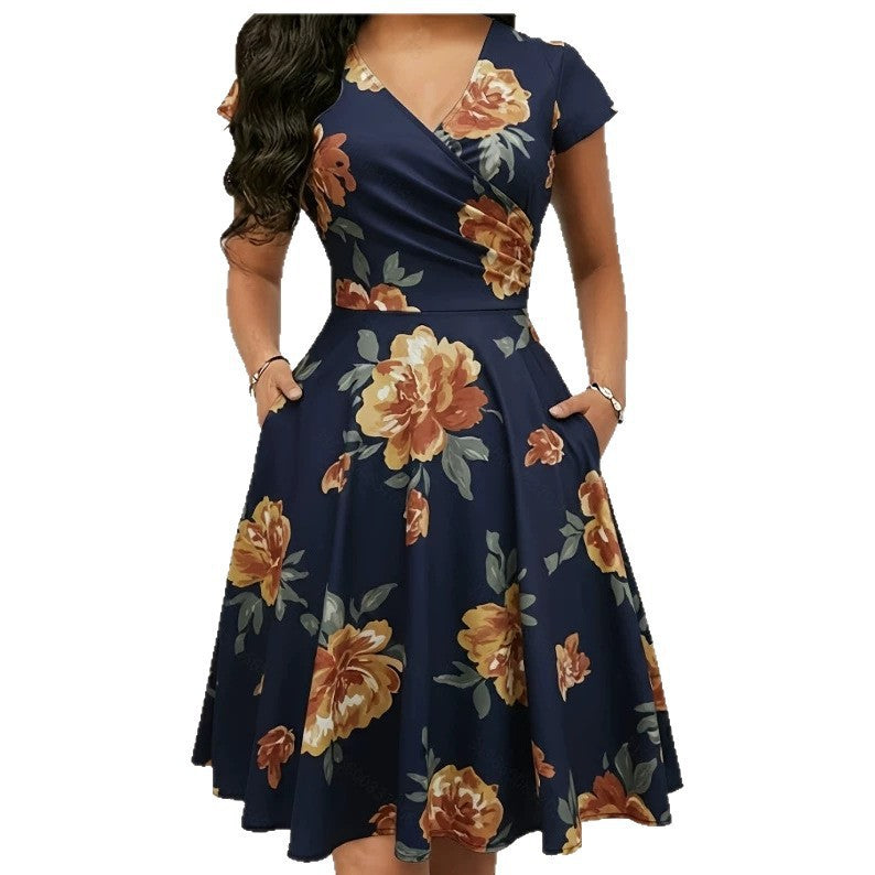 Women's trendy printed long dress with short sleeves