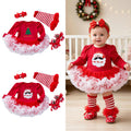 Bébé Noël à manches longues Robe de Romper rouge Tulle Une pièce Ensemble de quatre pièces