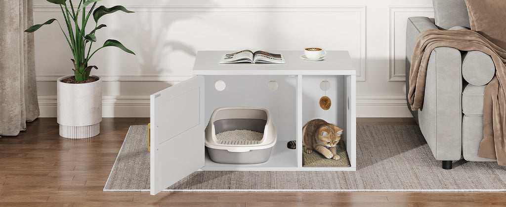 Cat Litter Box Cabinet multifonctionnel blanc moderne Maison de chat Salle de toilettes Table d'extrémité pour Bedro