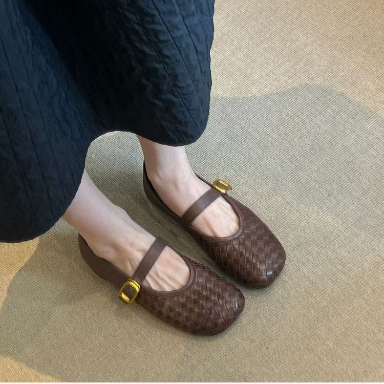 French Woven Shallow Bouche Mary Jane Petite Chaussures en Cuir Pour Célibataire Femme