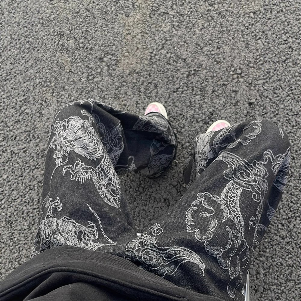 Style américain Vintage Edgy Dragon-print Slimming Large-leg Denim Pantalons