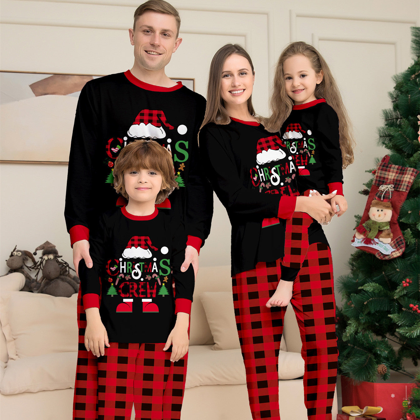 Chapeau de Noël Lettres de dessins animés Plaid rouge et noir imprimé costume de Noël