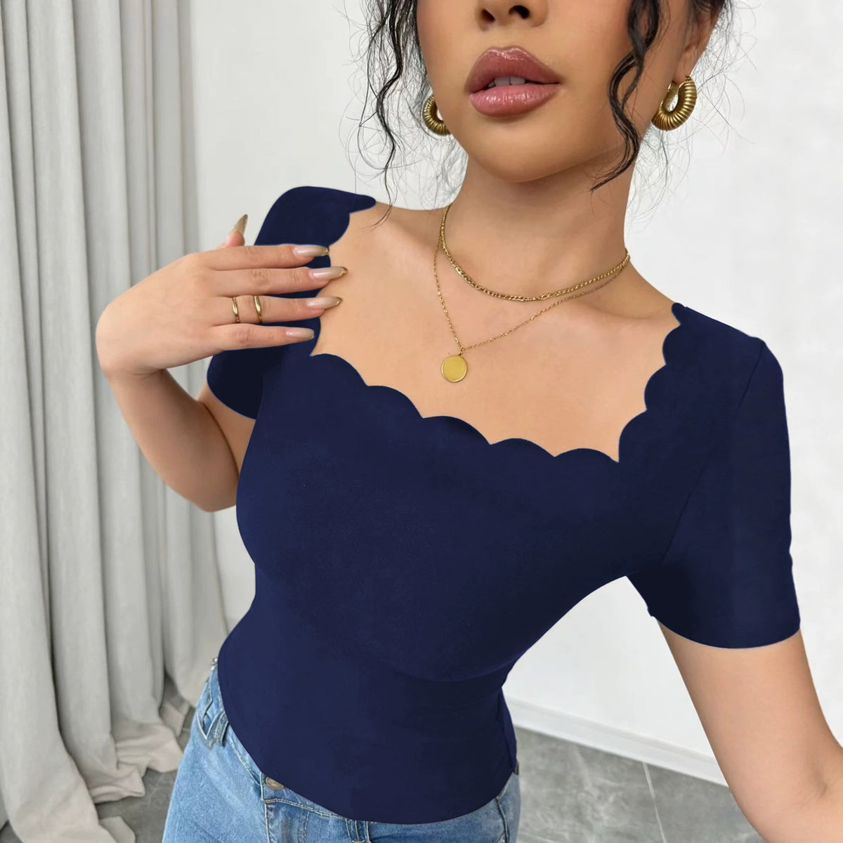 Square-neck short-sleeved top, French style