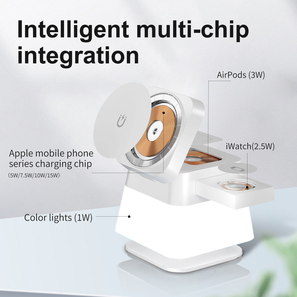 4 En 1 Éclairage coloré rotatif Support chargeur sans fil pour téléphone 15 14 13 12 Pro Max 8