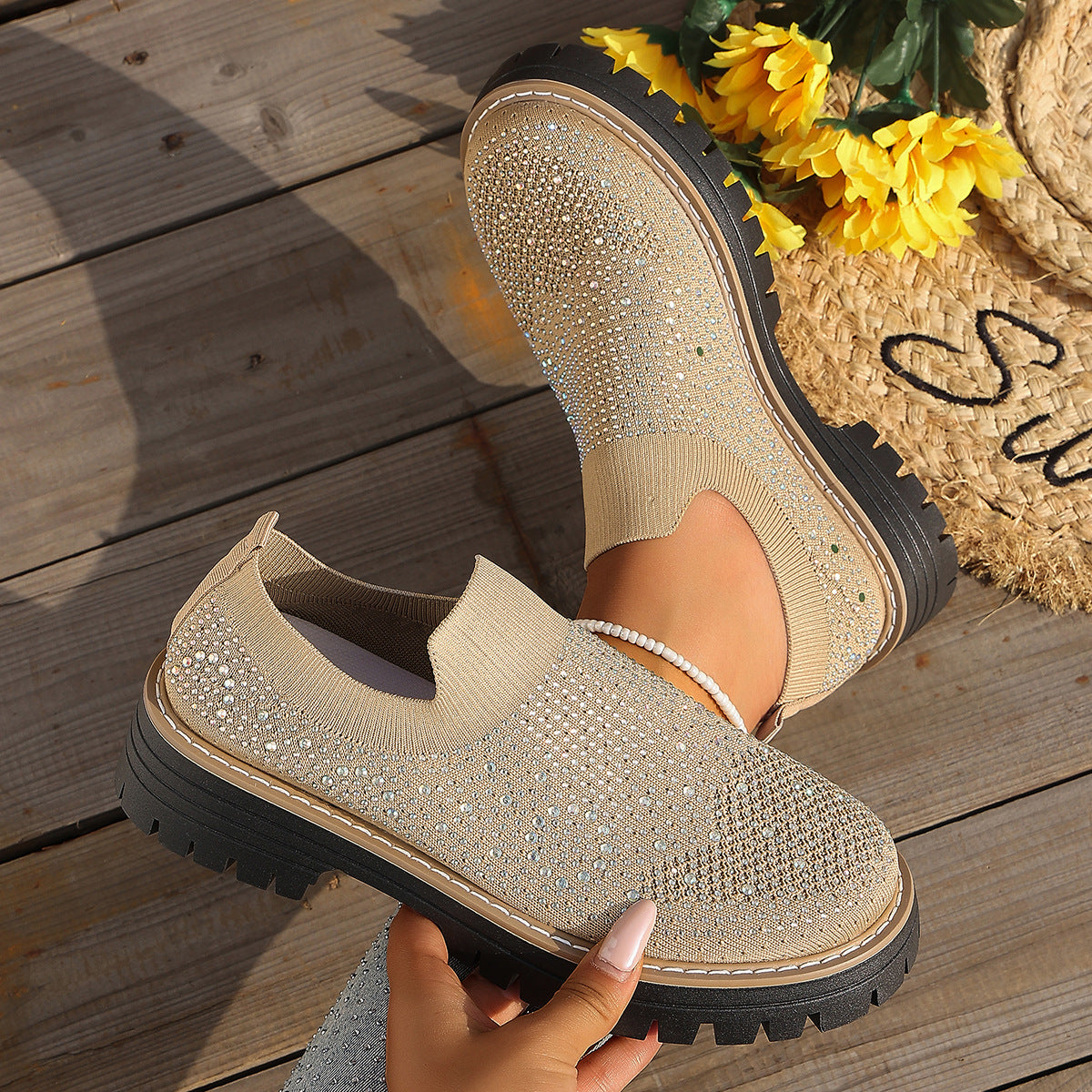 Sneakers casual féminins en Strass-Embelled Stretchy