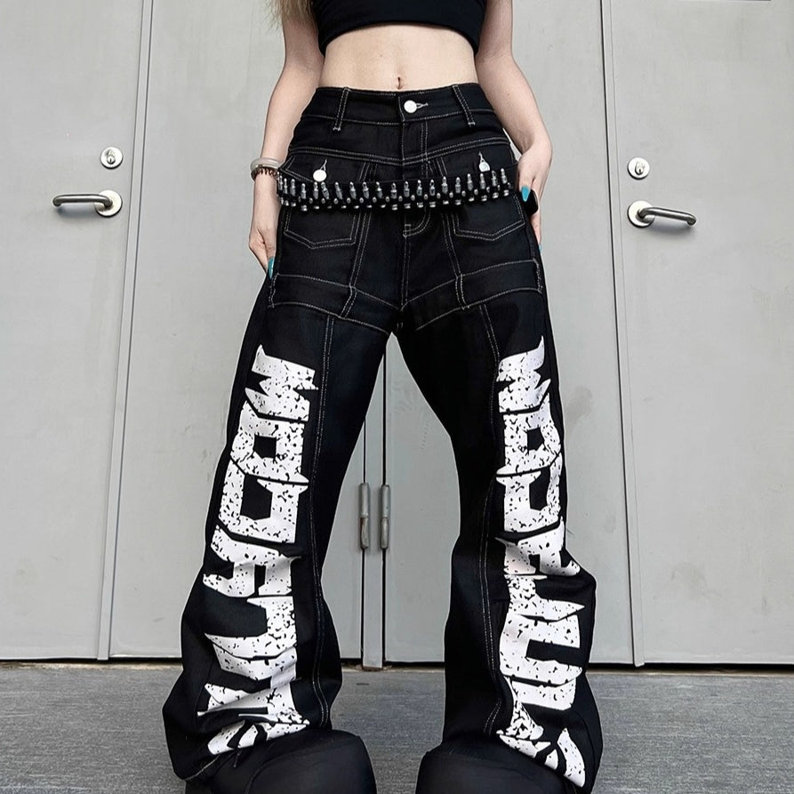 Pantalon noir à large jambe de style américain avec une grande impression de lettre