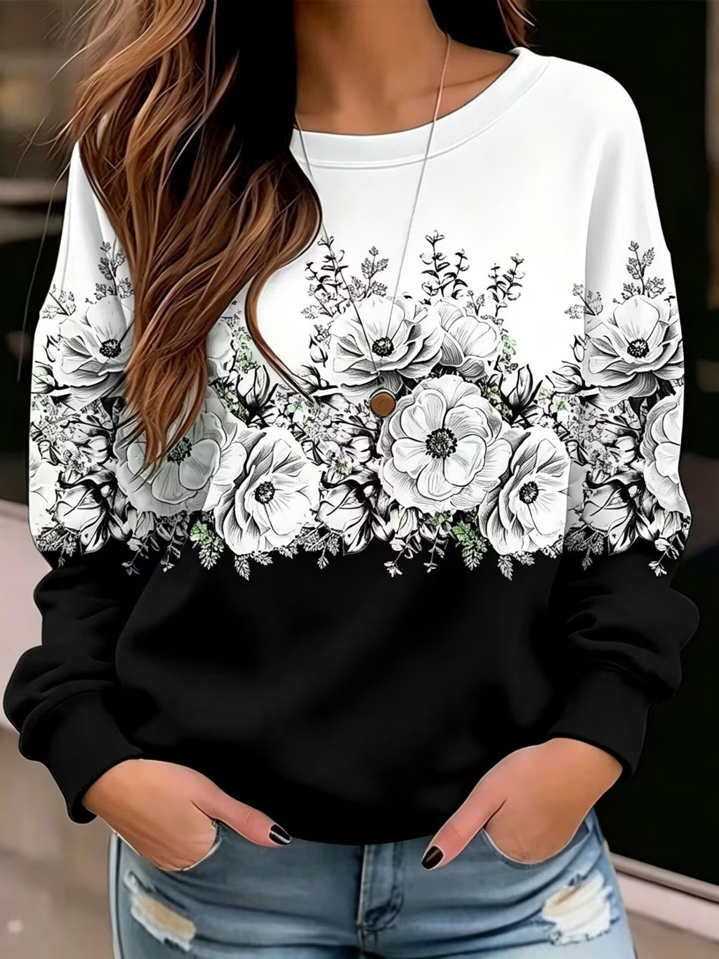 Sweatshirt imprimé floral à col rond pour femme
