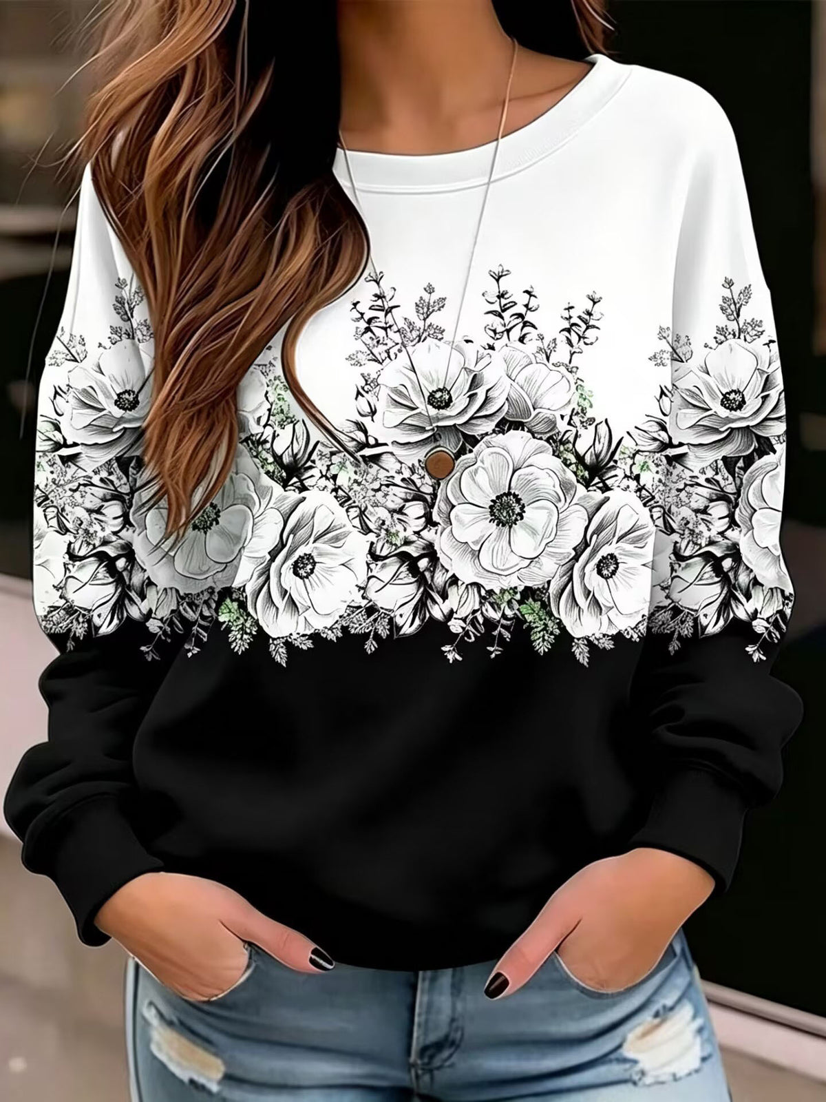 Sweatshirt imprimé floral à col rond pour femme