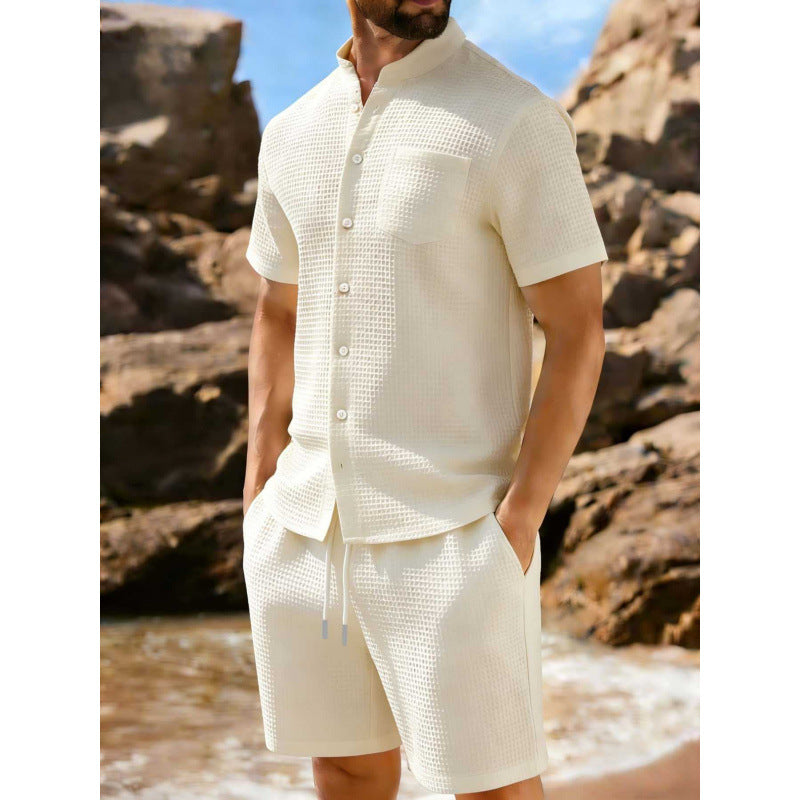 Lapel à manches courtes à boutons jacquard de couleur unie Ensemble casual sport