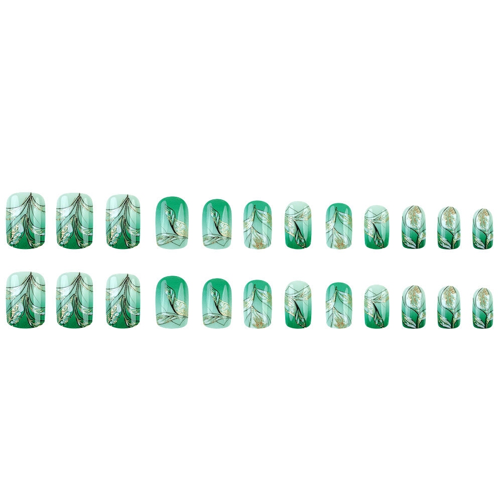 Boostez votre apparence 24 pièces Short Square Fake Green Nails Gold Foil Gradient Small Gre